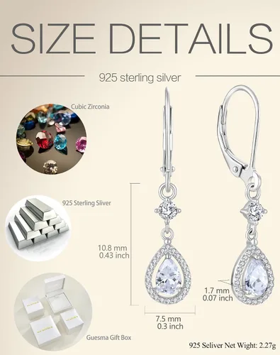 Vista 6 de Aretes colgantes de cristal para mujer, aretes Guesma de 0.236 x 0.157 pulgadas, diseño de lágrima, piedra natal creada, plata esterlina 925, aretes