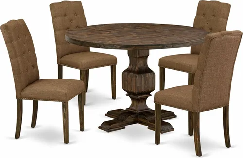 Vista 19 de East West Furniture I2EL5-718 - Juego de mesa de comedor de 5 piezas, incluye una mesa de comedor redonda con pedestal y 4 sillas tapizadas de tela