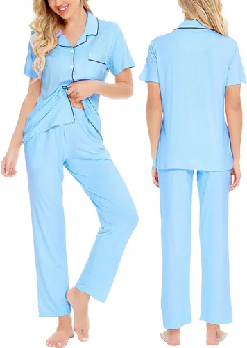 Vista 2 de SWOMOG conjunto de pijama de dos piezas para mujer, ropa de dormir de manga corta, con botones, pantalones largos