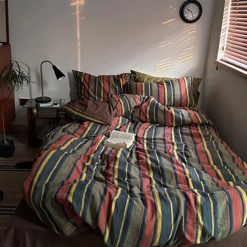 Vista 276 de mixinni Juego de funda de edredón vintage a rayas, tamaño twin, juego de ropa de cama de 3 piezas, 100% algodón lavado, suave y transpirable, funda