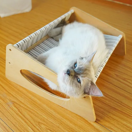 Vista 8 de Cama elevada de madera para gatos, hamaca transpirable para mascotas de tamaño mediano para todas las estaciones, muebles elevados estables