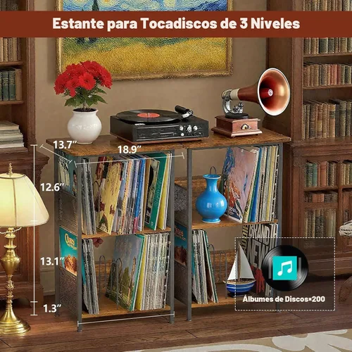Vista 3 de Soporte para tocadiscos, soporte para discos de vinilo de 3 niveles, soporte giratorio con 2 separadores y 4 pies ajustables, mesa para tocadiscos