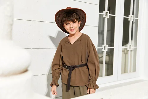 Vista 5 de Bbalizko Camisa de disfraz de pirata medieval para niños, renacentista, medieval, con volantes, manga larga, para Halloween, jacobita escocesa