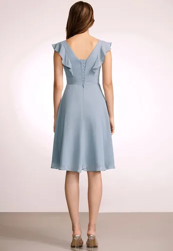 Vista 2 de DFDG Vestido de dama de honor de gasa con cuello en V doble para mujer vestido formal para fiesta de regreso a casa CM076