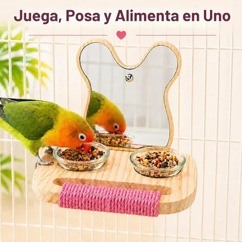 Vista 2 de Espejo de pájaro con perca y comedero, juguetes de madera para pájaros jaula de pájaros, accesorios para loros para gastar energía, juguetes