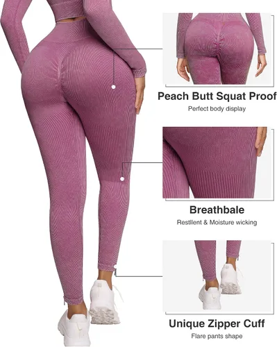 Vista 4 de Conjuntos de entrenamiento para mujer, 2 piezas, manga larga, trajes de yoga, gimnasio, sin costuras, acanalados, cintura alta, leggings
