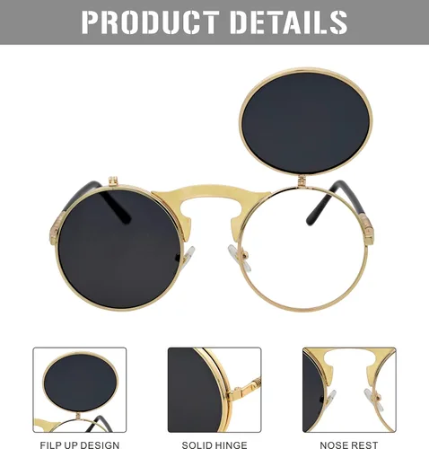 Vista 4 de JL Glasses Gafas de sol redondas estilo retro estilo Seampunk