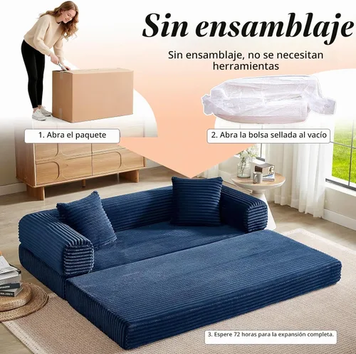 Vista 8 de Sofá cama plegable convertible 4 en 1, sofá cama plegable con marco de forma fija, sofá plegable de pana nube para sala de estar y dormitorio