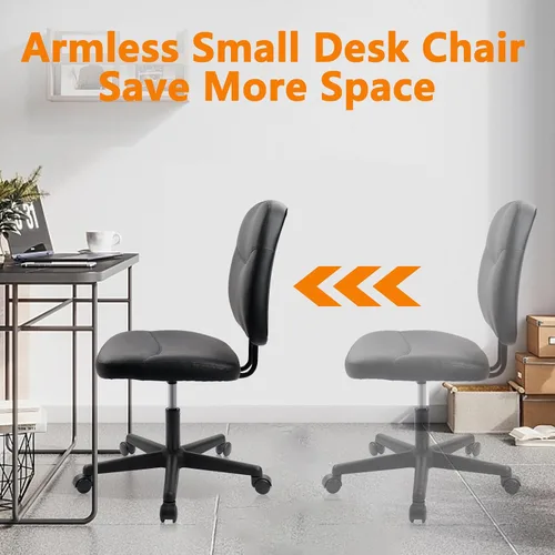 Vista 6 de CLATINA Silla de oficina en casa sin brazos, pequeña silla ergonómica de piel sintética con respaldo bajo con soporte lumbar y ruedas, altura