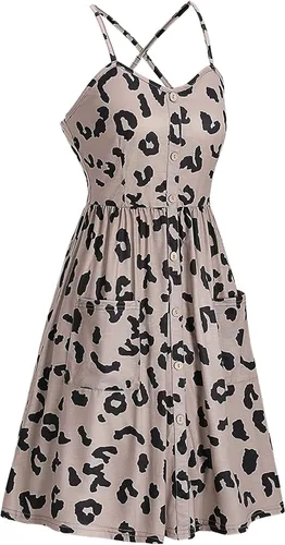 Vista 5 de Ashowlaco Vestidos casuales de verano para mujer, cuello en V, tirantes delgados, vestido midi bohemio, vestido con vuelo y bolsillo