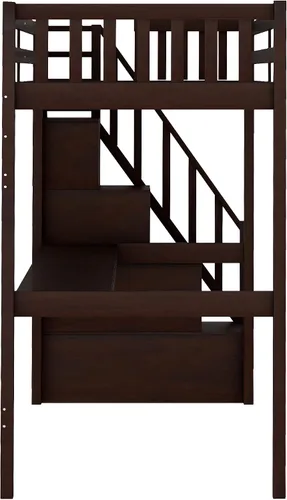 Vista 6 de Cama individual con escalera de 3 almacenajes y escritorio integrado, marco de cama de madera maciza que ahorra espacio para niños, niñas