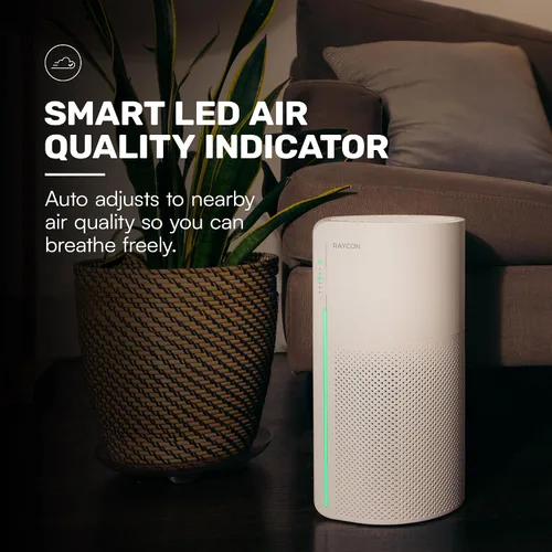Vista 5 de Raycon Purificador de aire de habitación, filtro HEPA reemplazable H13, indicador LED de calidad del aire, velocidades de ventilador ajustables