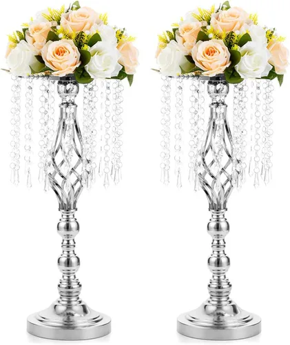 Vista 14 de Nuptio 2 piezas de soporte de flores de cristal para mesas, 21.7 pulgadas de alto, elegante soporte de metal para arreglos florales, florero