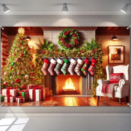 Vista 9 de BlissYard Pancarta de Fondo Navideño Escena de Chimenea con Muñeco de Nieve Reno Medias Guirnalda Árbol Regalos Decoración de Fiesta Navideña 71×43