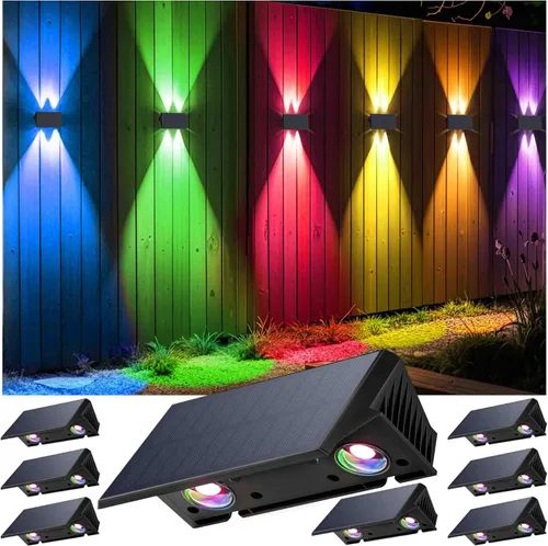 Vista 11 de Luces de valla alimentadas por energía solar, modos multicolores, luces solares para valla al aire libre IP67, luces solares de pared arriba