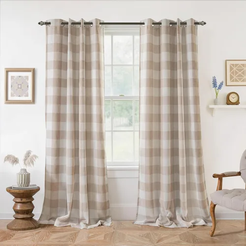 Vista 43 de Cortinas de cuadros de búfalo DriftAway a cuadros negro y blanco extralargas con tratamiento ojo de sargento para dormitorio y sala de estar