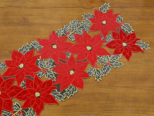Vista 5 de GRANDDECO Camino de Mesa Navideño para Fiestas Campestres Bufandas de Tocador Bordadas con Flores de Nochebuena Navideñas Xmas para Casa Cocina Mesa