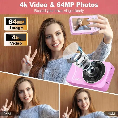 Vista 2 de Cámara digital, 4K 64MP, 18X Zoom, cámara de punto y disparo digital con tarjeta TF de 64GB y 2 baterías, cámara pequeña recargable portátil