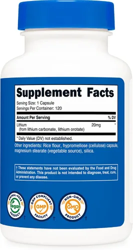 Vista 5 de Nutricost Orotato de litio 20 mg, 120 cápsulas, vegano, sin gluten, sin OMG