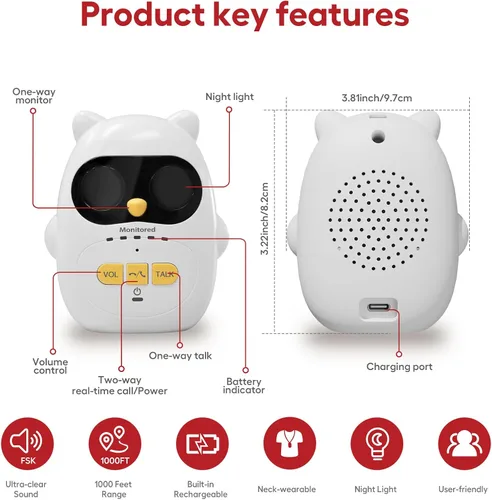 Vista 2 de Monitor de audio para bebés con batería recargable, intercomunicador inalámbrico dúplex completo con rango de 1000 pies, monitor de bebé solo
