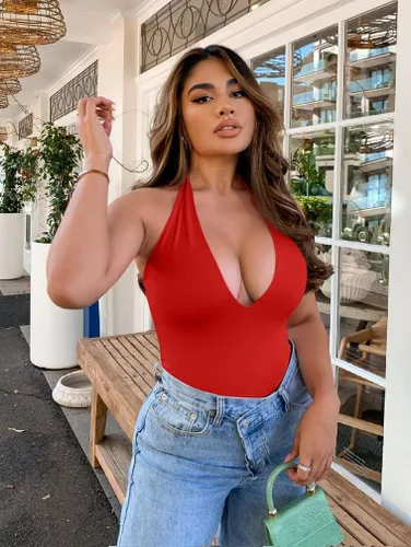 Vista 3 de YMDUCH Leotardo sexy sin mangas con cuello en V y espalda descubierta para mujer