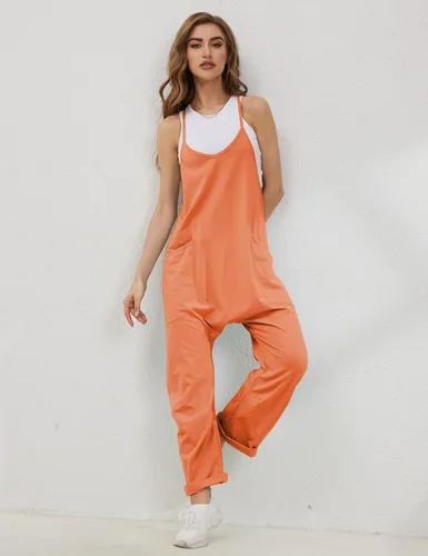 Vista 2 de Lentta - Enterizo casual para mujer con cuello en V sin mangas tipo harem con tirantes elásticos ajustables y bolsillos