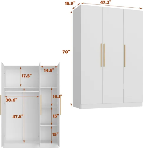 Vista 2 de MOUMON Armario con 3 puertas y estantes cubos, Armario con barra para colgar, armario para dormitorio, color blanco, 18.9 pulgadas de profundidad x