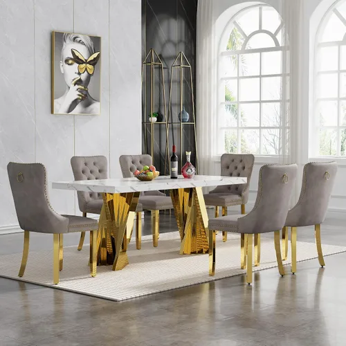 Vista 74 de HomVent - Juego de mesa de comedor de mármol sintético de 68 pulgadas con 4 sillas de terciopelo para cocina Modern Rectangular Faux Marble