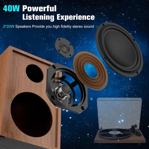 Vista 8 de Tocadiscos con altavoces de 40 W y entrada de salida Bluetooth para discos de vinilo, reproductor de discos de vinilo con preamplificador integrado
