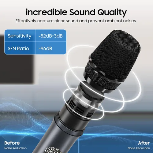Vista 2 de Micrófono inalámbrico, sistema de micrófono dinámico de metal inalámbrico dual UHF con receptor recargable, adecuado para cantar karaoke, bodas