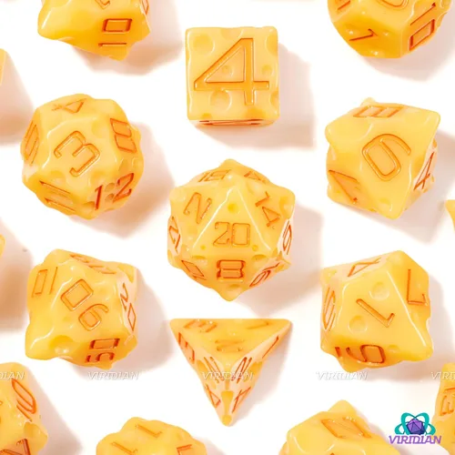 Vista 7 de Juego de dados de queso D&D (color amarillo claro y naranja nachos) con agujeros suizos DND/TTRPG Juego de 7 piezas de resina poliédrica
