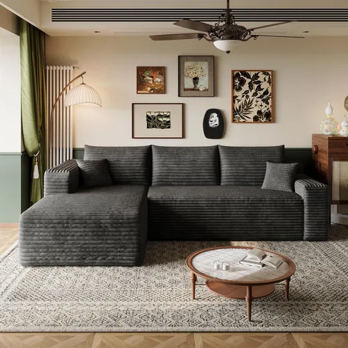 Vista 46 de Sofá modular en forma de L de 96 pulgadas con diván, moderno y cómodo sofá de pana para sala de estar, sofá de espuma viscoelástica, no requiere