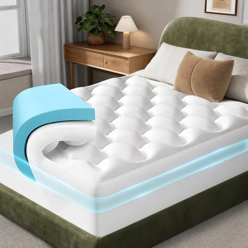 Vista 7 de OhGeni Cubrecolchón de espuma viscoelástica individual XL de 2 pulgadas con funda, funda de cama suave con base antideslizante, mejorado con gel