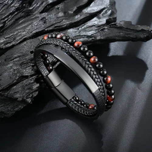Vista 4 de Pulsera de cuentas de piedra volcánica de piedra volcánica de ónix negro y ojo de tigre mate para hombre, pulsera de cuero trenzado negro para hombre