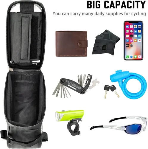 Vista 3 de Bolsa para marco de bicicleta con soporte para teléfono celular, bolsa de tubo frontal impermeable para bicicleta con funda de teléfono compatible