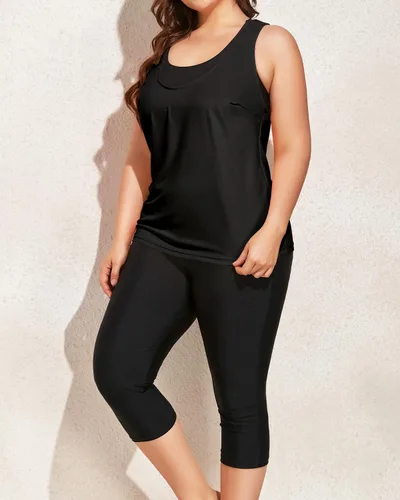 Vista 3 de Yonique Trajes de baño de 3 piezas de talla grande para mujer, tankini con brasier deportivo y capris de natación, trajes de baño atléticos