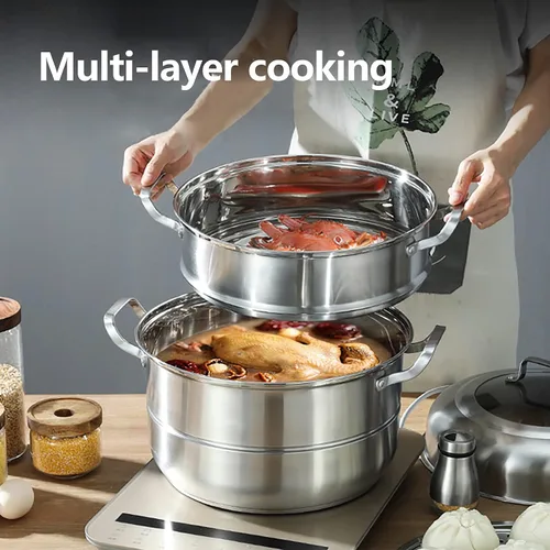 Vista 9 de Olla de vapor de acero inoxidable 304 – Vaporizador de alimentos de 5 niveles de 12.8 pulgadas con tapa para verduras, mariscos, pastas, utensilios