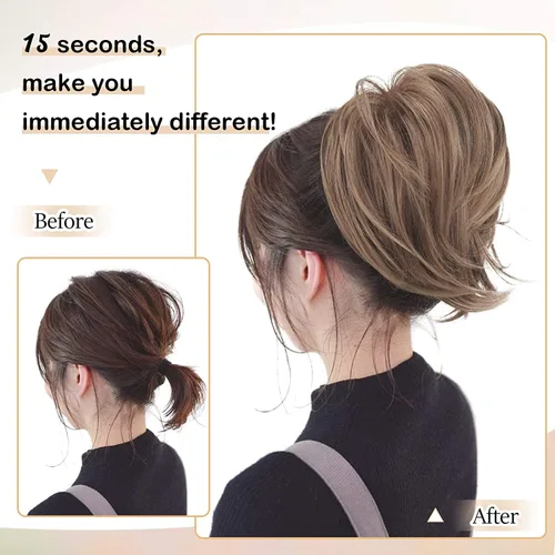 Vista 5 de BARSDAR Extensiones de Moño de Cabello Liso - Extensiones de Moño de Cola de Caballo Corta y Lisa para Mujeres, Coleteros de Moño de Cabello