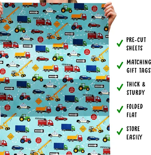 Vista 5 de CENTRAL 23 Papel de regalo para niños, 6 hojas de papel de regalo de cumpleaños, autos de policía, camiones y tractores para niños, azul mate