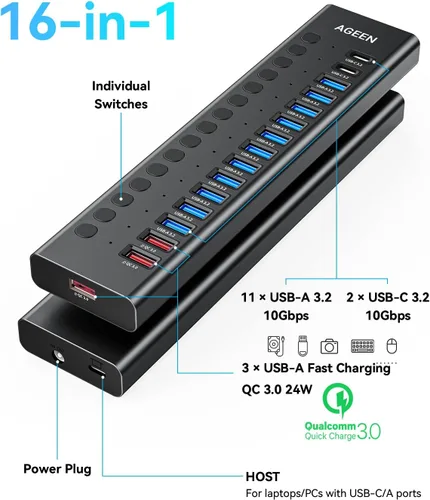 Vista 2 de Hub USB alimentado, concentrador USB 3.2 de 16 puertos AGEEN