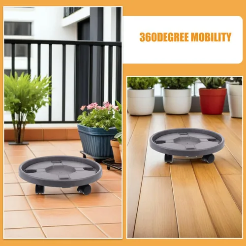 Vista 8 de 2pcs Round Plant Stand Roller Trolley with Brake Casters, Plastic Thickened Base with 360° Swivel Wheels, Water-catching Tray, for Planter Boxes and