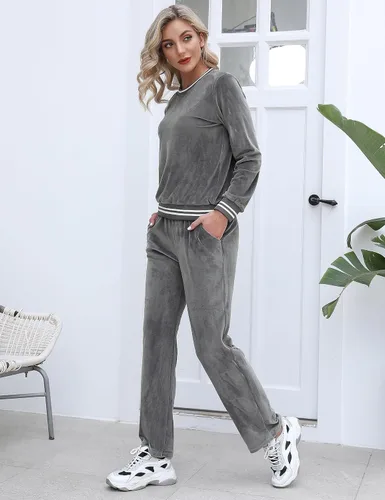 Vista 3 de Totatuit Conjunto de 2 piezas de terciopelo para mujer, sudadera de manga larga sin botones y pantalones con bolsillo
