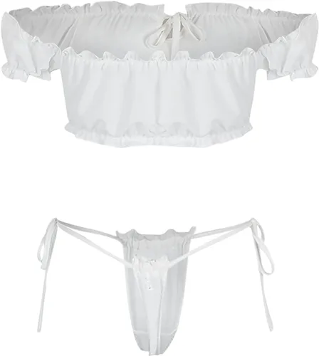 Vista 7 de Conjunto de lencería sexy para mujer, con hombros descubiertos, lazo frontal, brasier y bragas