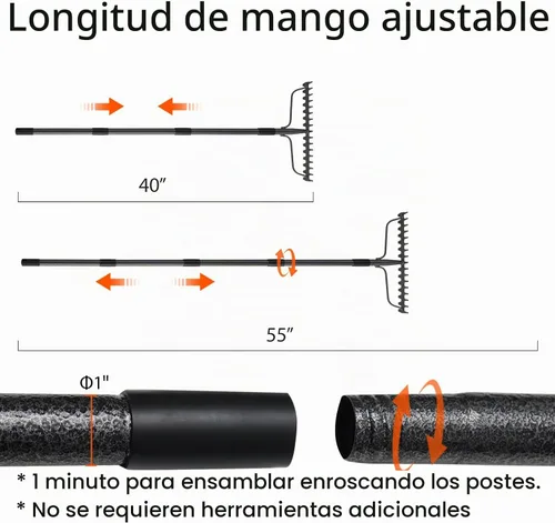 Vista 4 de Rastrillo de arco, rastrillo de hojas de 17 puntas, rastrillo de paja para césped, mango largo de 63 pulgadas para jardinería, rastrillo de jardín
