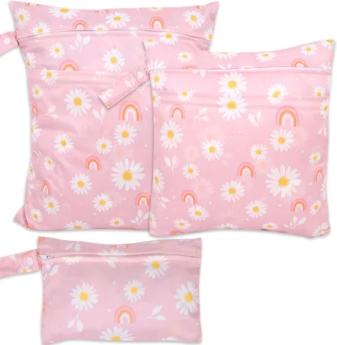 Vista 16 de 3 bolsas para pañales de tela para bebé, impermeables, reutilizables, con 2 bolsillos con cremallera y asa, bolsas de lavandería lavables