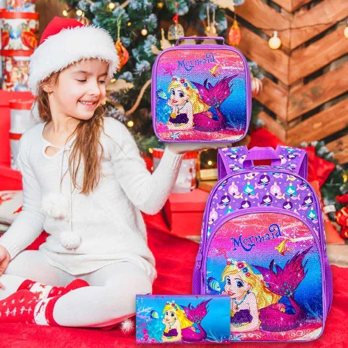 Vista 7 de KLFVB 3 mochilas de sirena de unicornio para niñas, bolsa de libros y lonchera de lentejuelas de 16 pulgadas, mochilas preescolares para primaria
