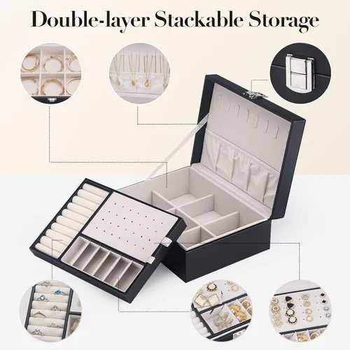 Vista 2 de COOYUY Joyero para mujeres niñas esposa regalo ideal organizador de joyas de doble capa aretes pulseras anillos collares piel sintética y terciopelo