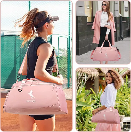 Vista 5 de Marengo Bolsa de gimnasio para mujeres y hombres, bolsa de viaje ligera con compartimento para zapatos y húmedos, para viajes, deportes, baile, yoga
