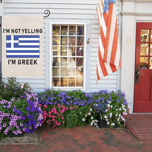 Vista 6 de Bandera de jardín familiar griega con texto en inglés "I'm Not Yelling I'm Greek", bandera para exteriores, bandera de raíz de Grecia, regalo