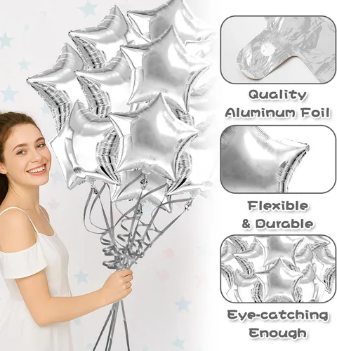 Vista 3 de Globos de estrella plateados, globos de papel de aluminio de graduación, globos de Mylar de Pascua para helio, metálicos, 12 piezas de 18 pulgadas